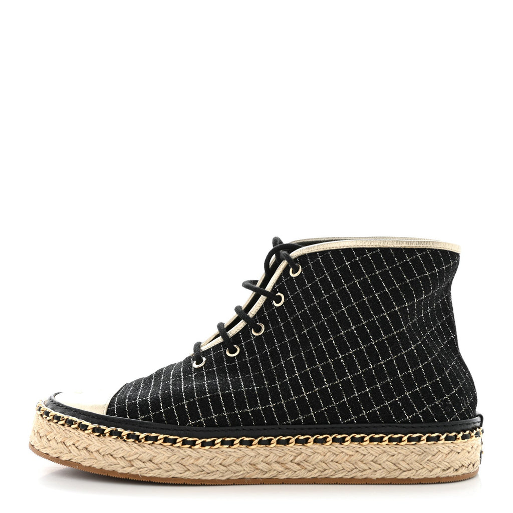 Tweed Lambskin Chain Lace Up High Top Espadrille Sneakers 36 Black Gold