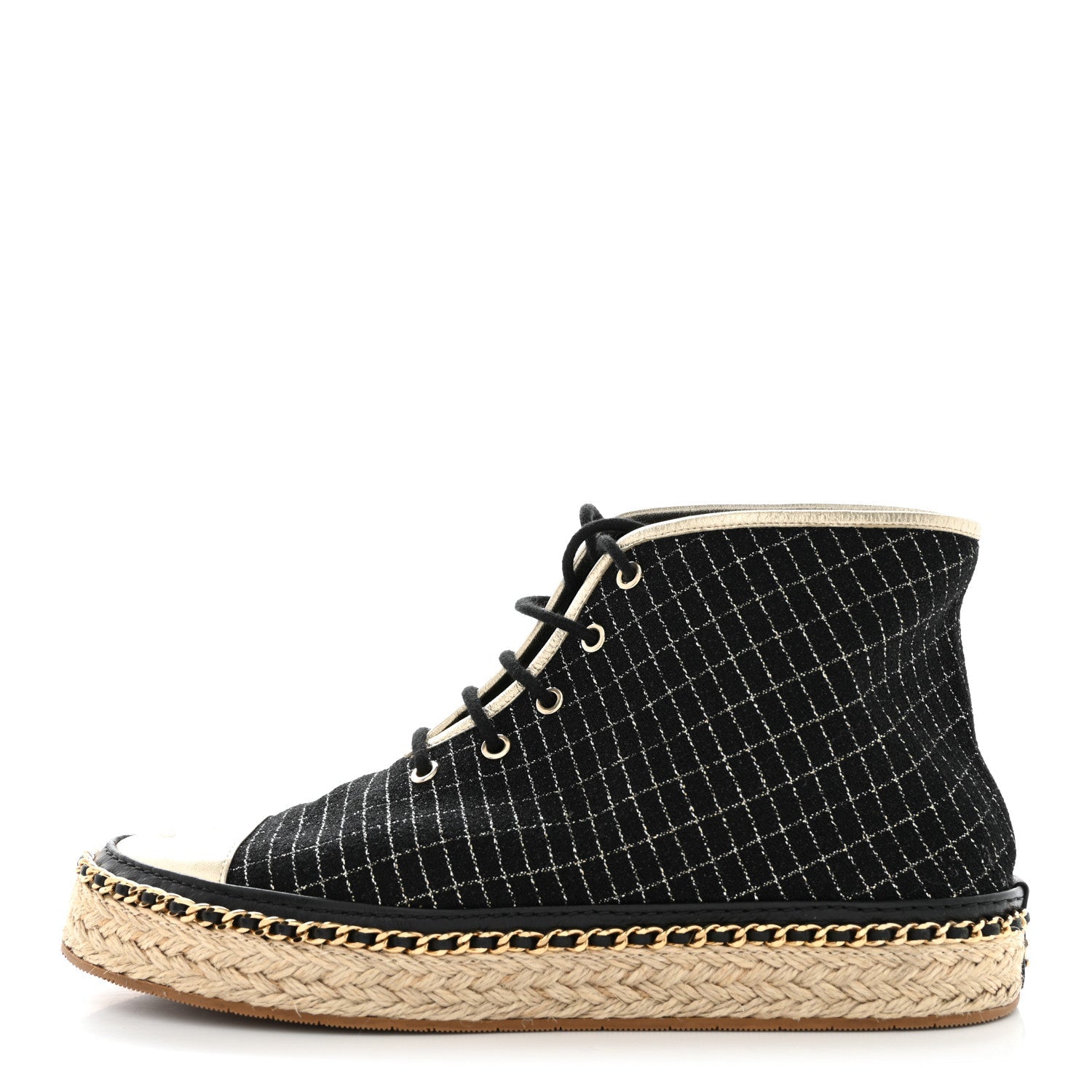 Tweed Lambskin Chain Lace Up High Top Espadrille Sneakers 36 Black Gold