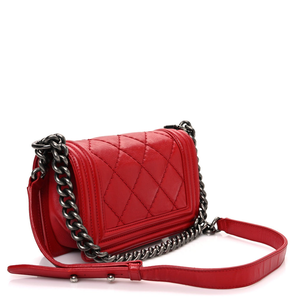 Calfskin Double Stitch Small Boy Flap Red
