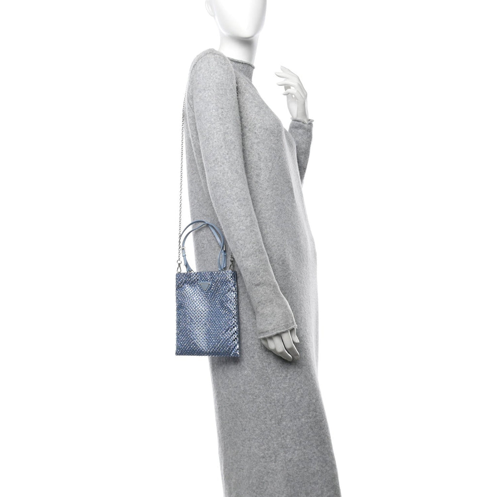 Satin Crystal Metal Triangle Logo Chain Crossbody Handbag Celeste