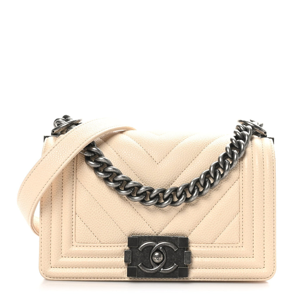Caviar Chevron Quilted Small Boy Flap White