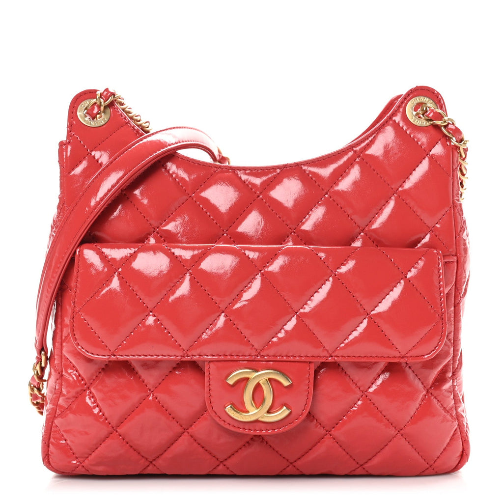 Shiny Crumpled Calfskin Quilted Wavy CC Hobo Red