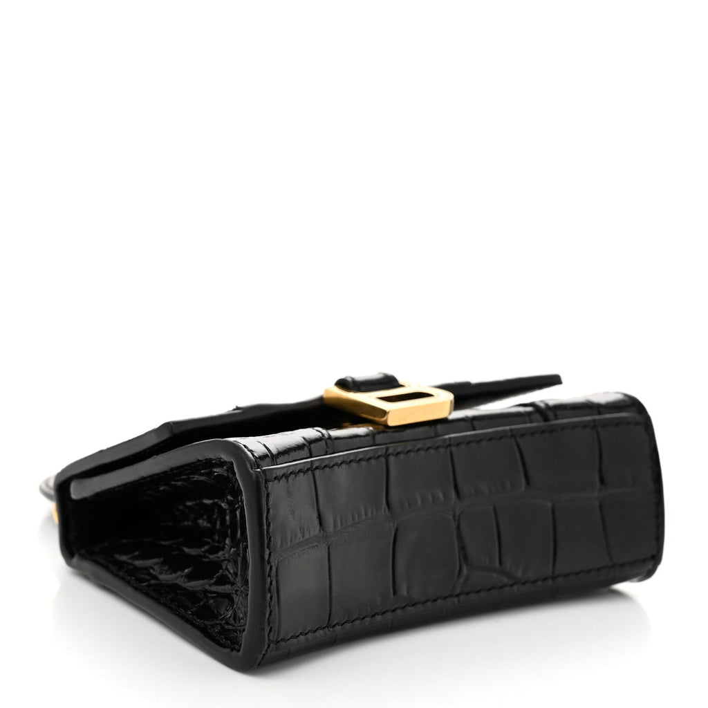 Shiny Calfskin Crocodile Embossed Hourglass Top Handle Bag Mini with Chain Black