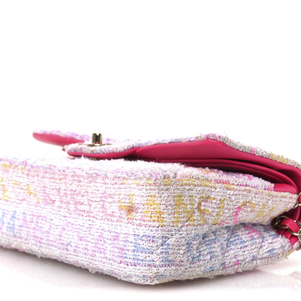 Tweed Quilted Enamel CC Logo Medium Double Flap Pink Multicolor