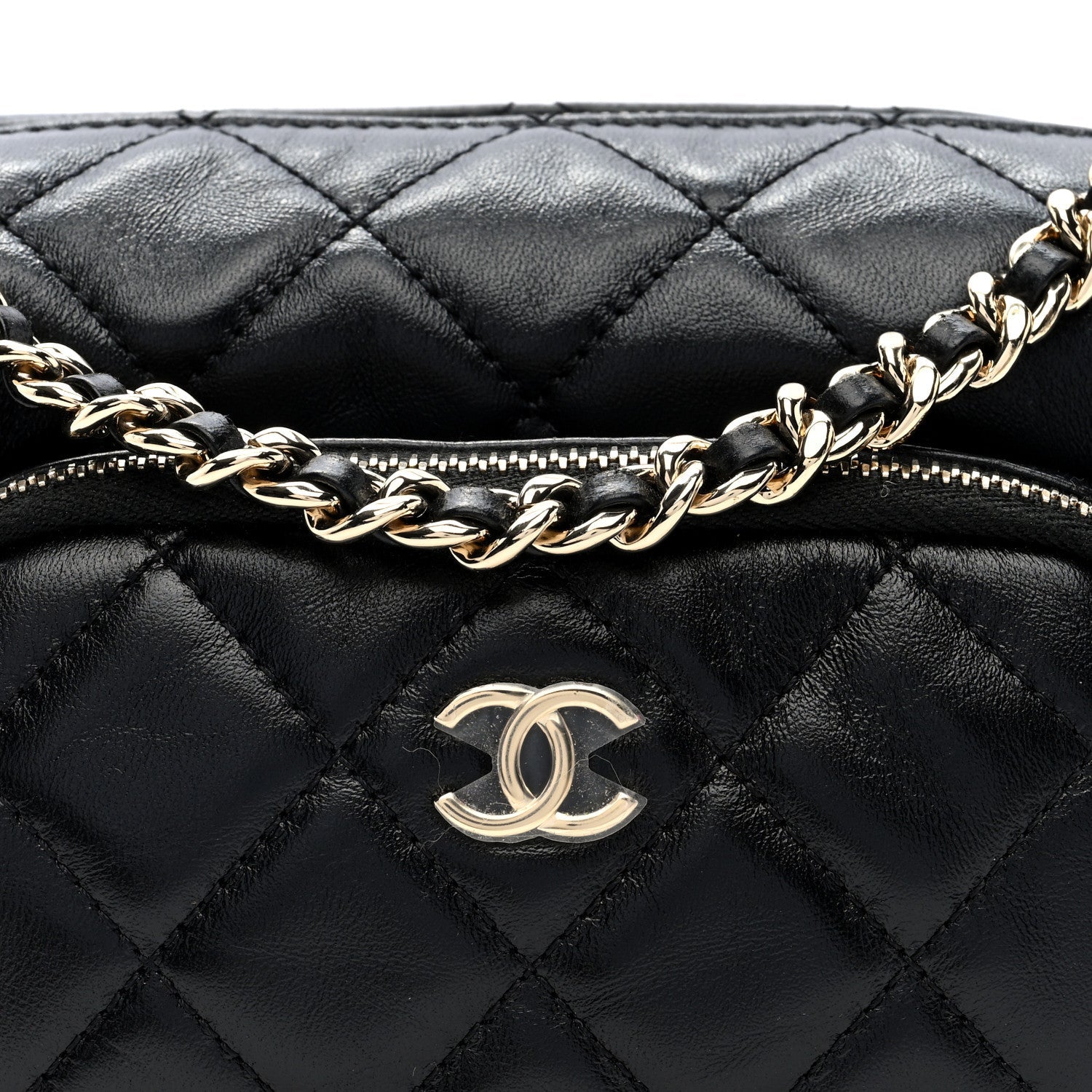 Shiny Crumpled Lambskin Quilted Small Preppy Pocket Camera Case Black