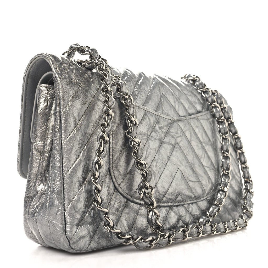 Metallic Patent Crumpled Calfskin Chevron Quilted Medium Double Flap Silver
