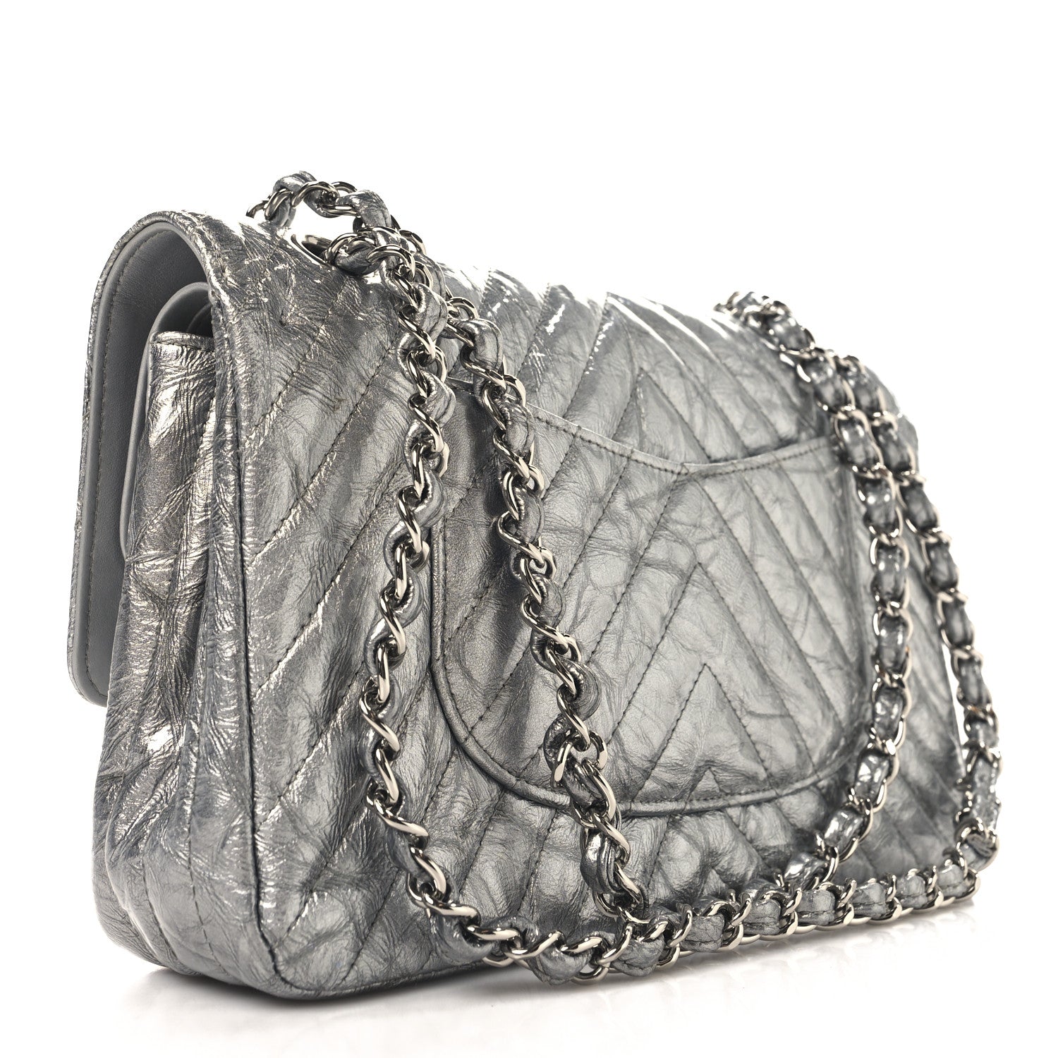 Metallic Patent Crumpled Calfskin Chevron Quilted Medium Double Flap Silver