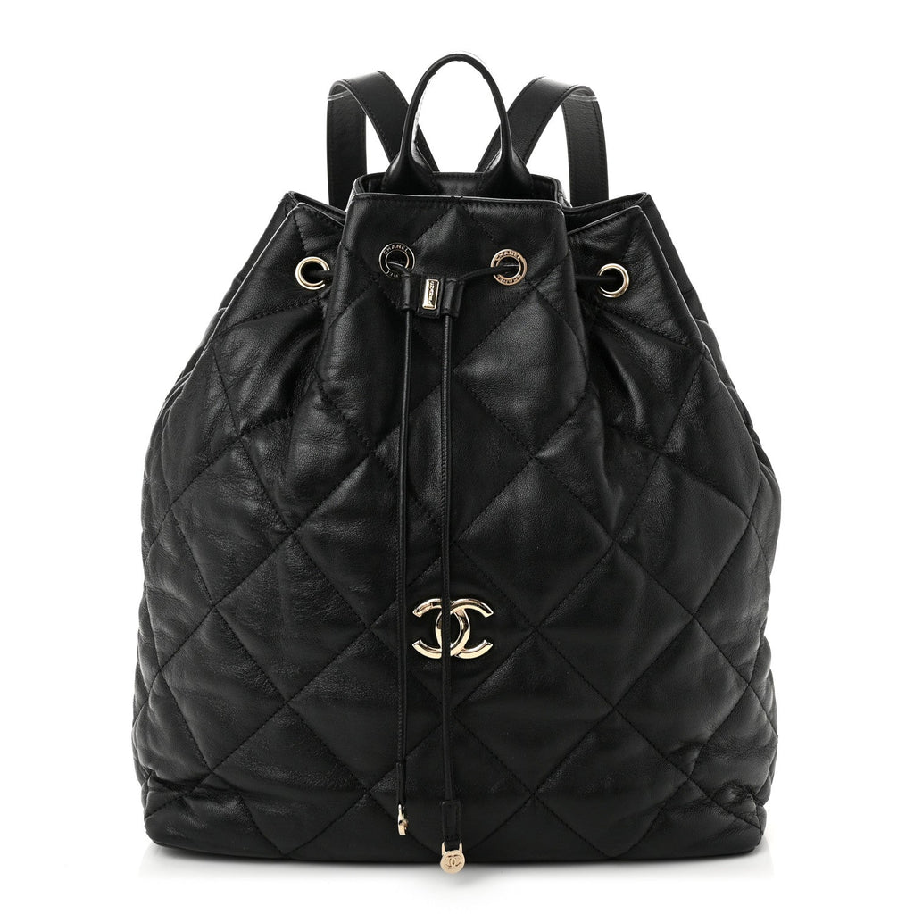 Lambskin Quilted Drawstring Backpack Black