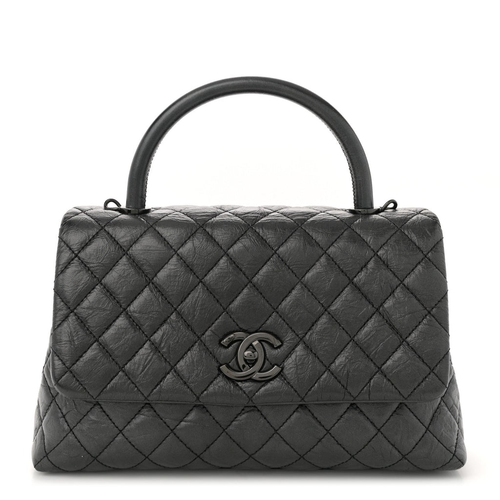 Aged Calfskin Quilted Small Coco Handle Flap So Black