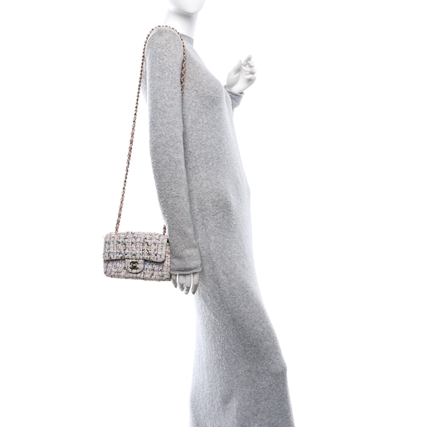 Tweed Quilted Mini Rectangular Flap Light Blue Pink Gold White