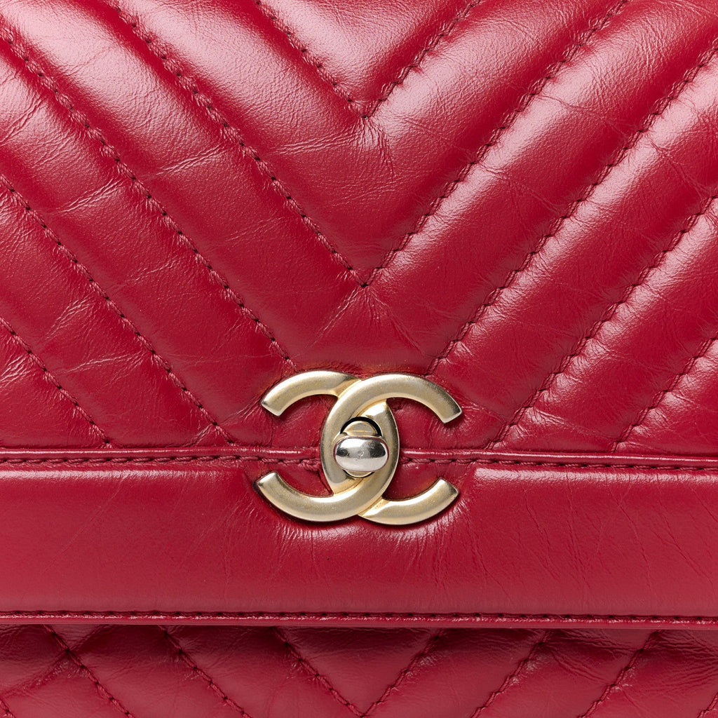 Calfskin Chevron Quilted Top Handle Flap Red
