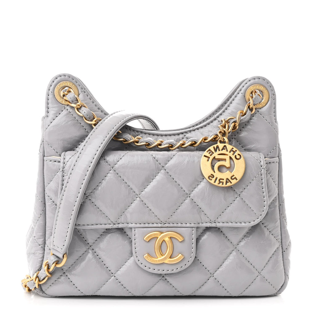 Shiny Crumpled Calfskin Quilted Small Wavy CC Hobo Grey