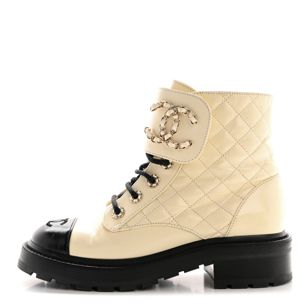 Shiny Lambskin Quilted Lace Up Combat Boots 36.5 White Black