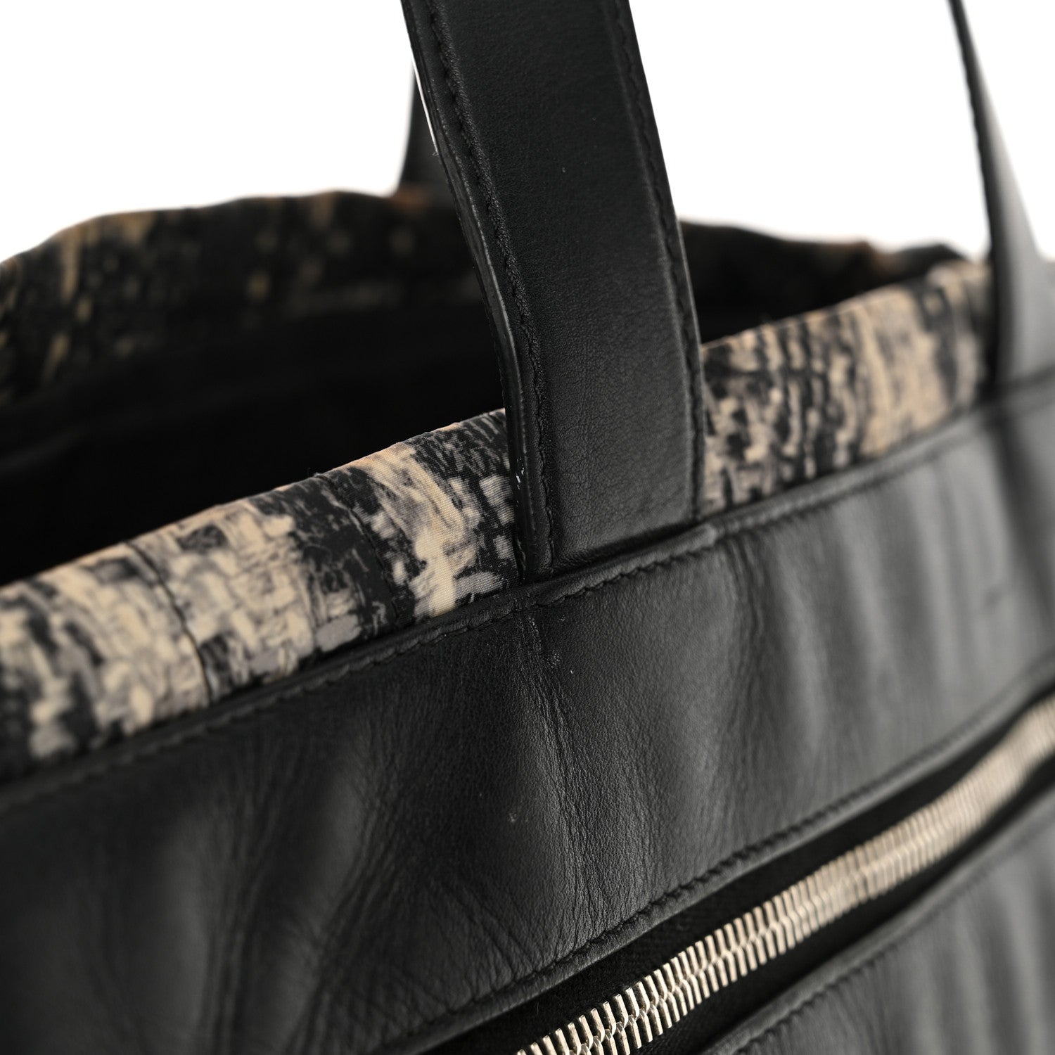 Lambskin Nylon Tweed Printed Tote Black White