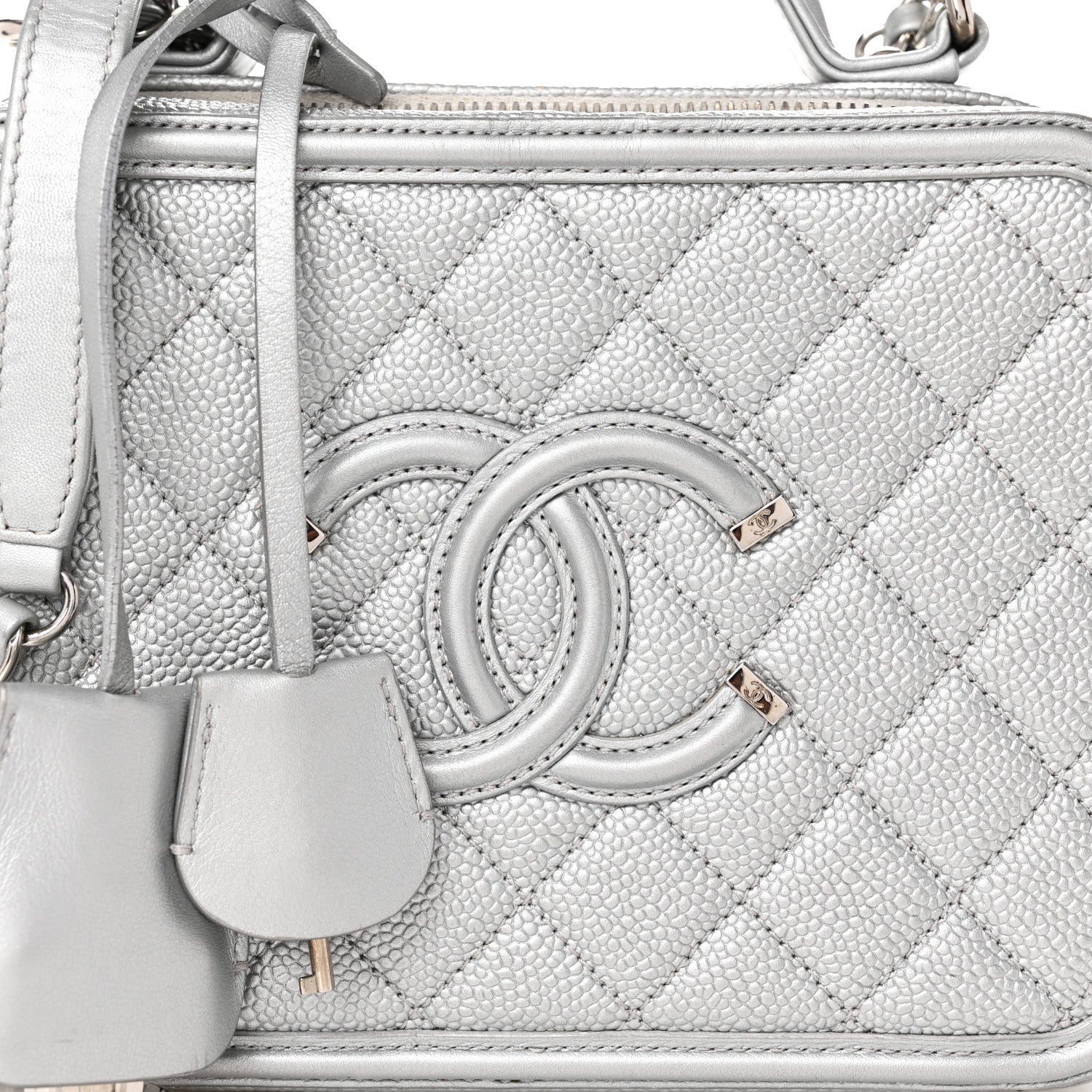 Metallic Caviar Quilted Medium CC Filigree Vanity Case Silver