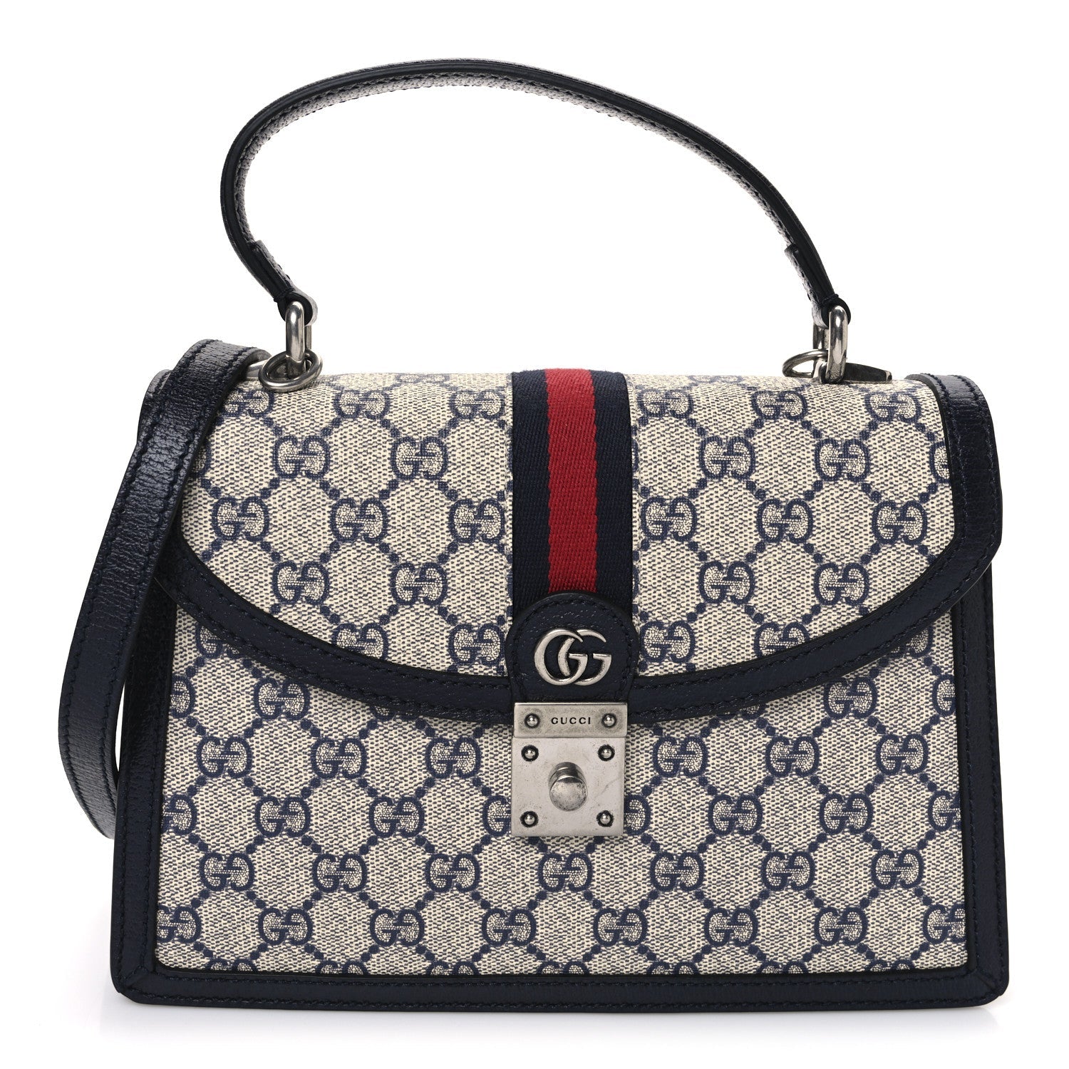 GG Supreme Monogram Textured Dollar Calfskin Web Small Ophidia Padlock Top Handle Bag Beige Blue