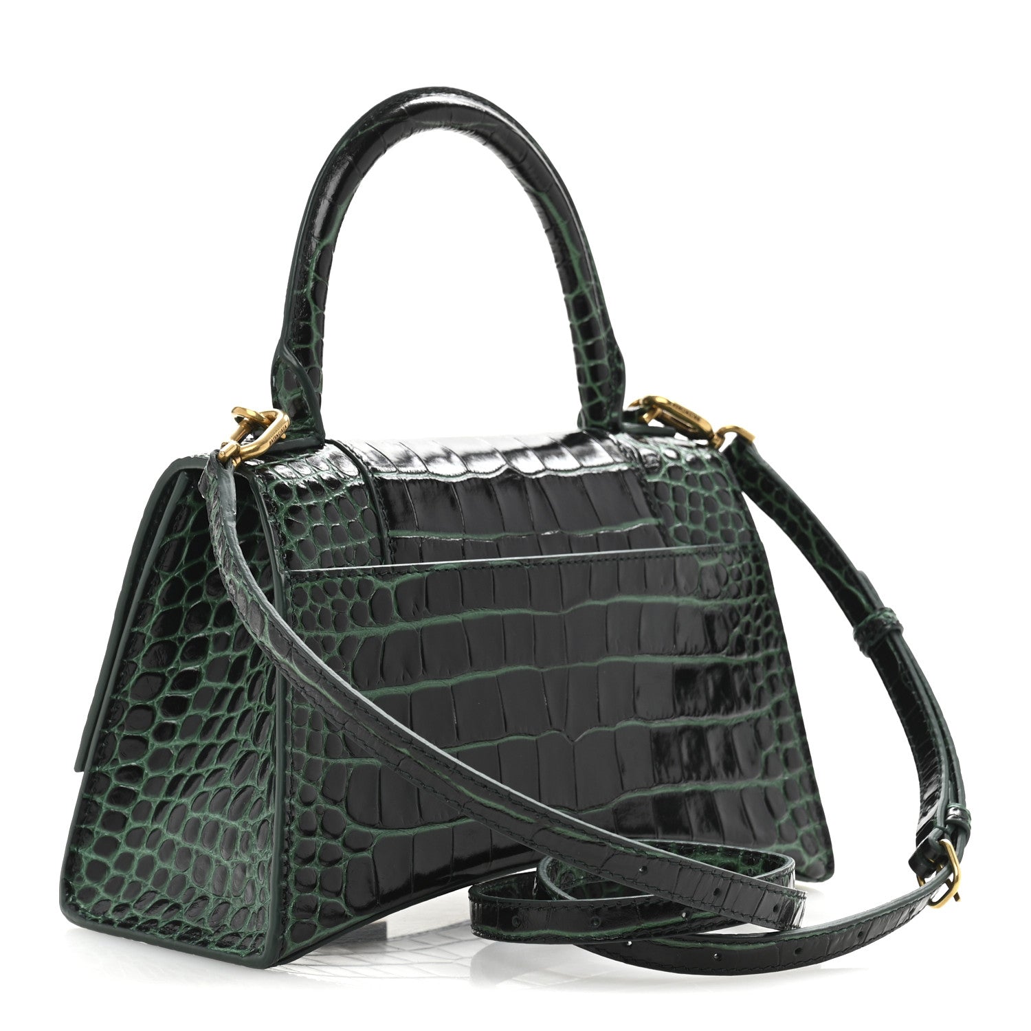 Shiny Calfskin Crocodile Embossed Small Hourglass Top Handle Bag Forest Green