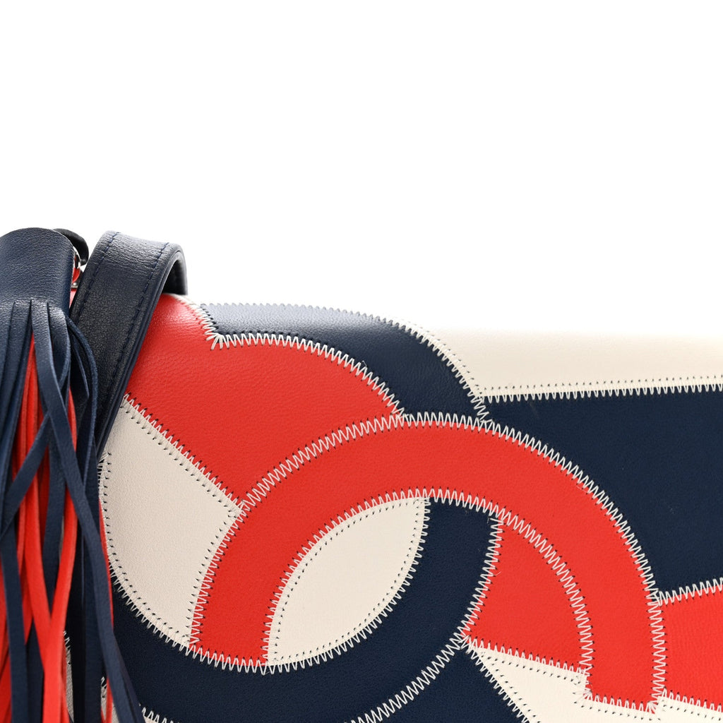 Lambskin Patchwork CC Tassel Crossbody Bag White Blue Red