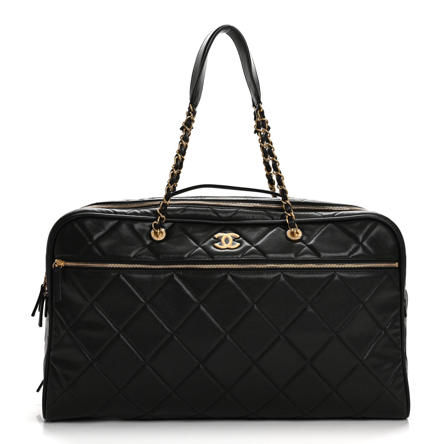 Shiny Grained Calfskin Quilted Large Travel Bowling Bag Black