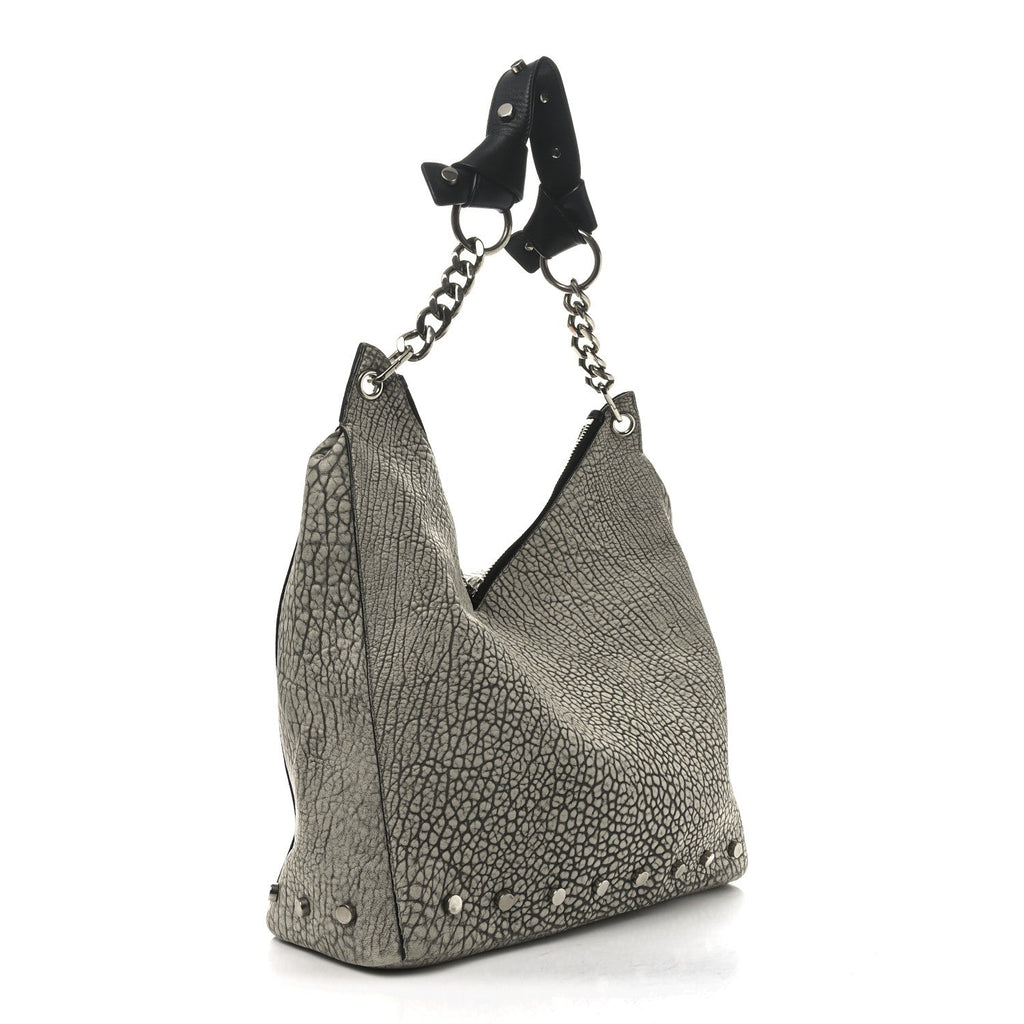 Washed Grainy Lambskin Studded Raven Hobo White Black