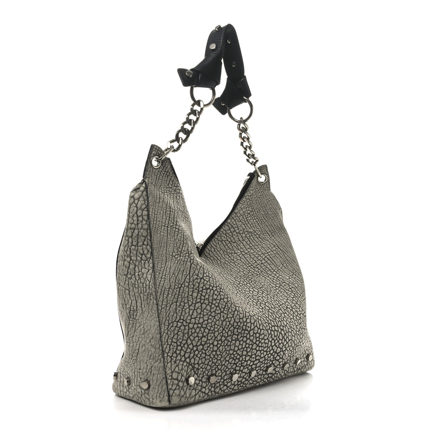 Washed Grainy Lambskin Studded Raven Hobo White Black