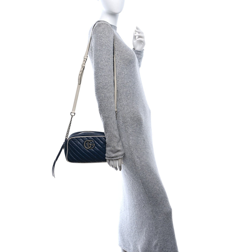 Vintage Effect Calfskin Matelasse Diagonal Small Torchon GG Marmont Chain Shoulder Bag Blue Agata Mystic White