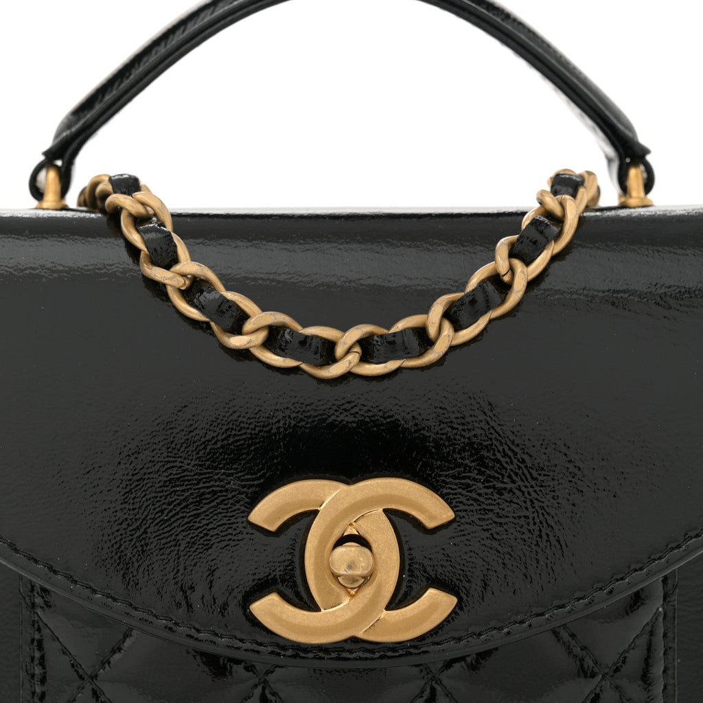 Shiny Lambskin Quilted Top Handle  Holder On Chain Black