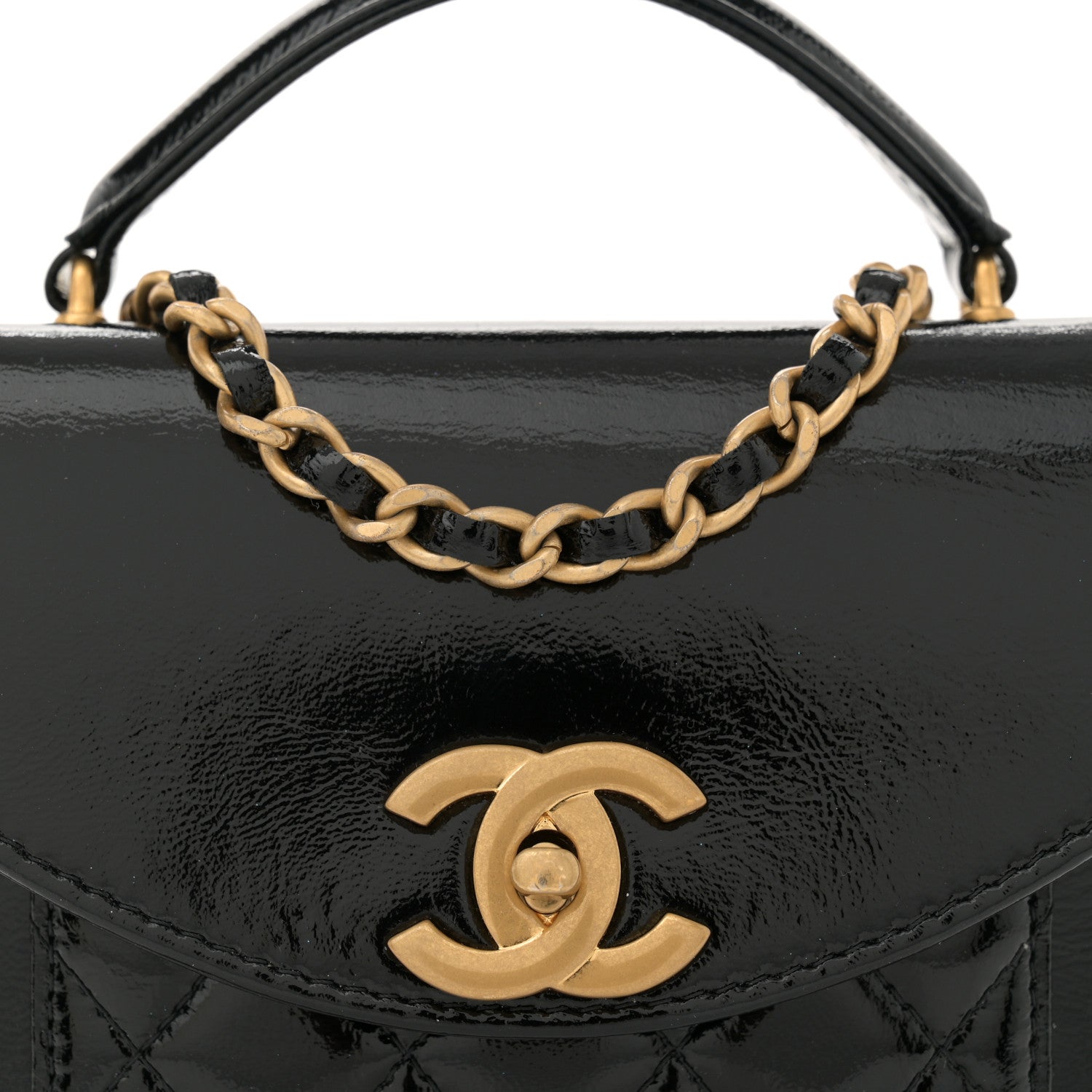 Shiny Lambskin Quilted Top Handle  Holder On Chain Black