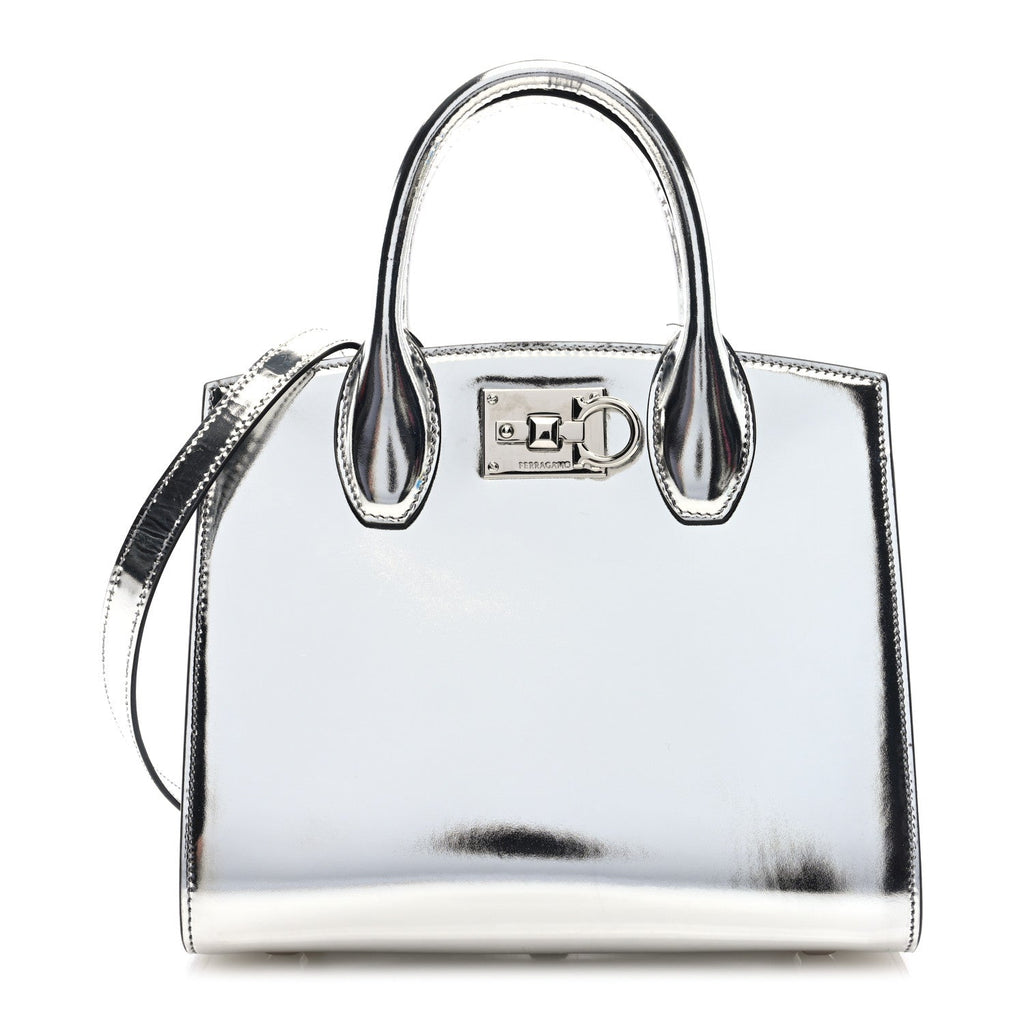 Metallic Calfskin Small The Studio Box Bag Argento
