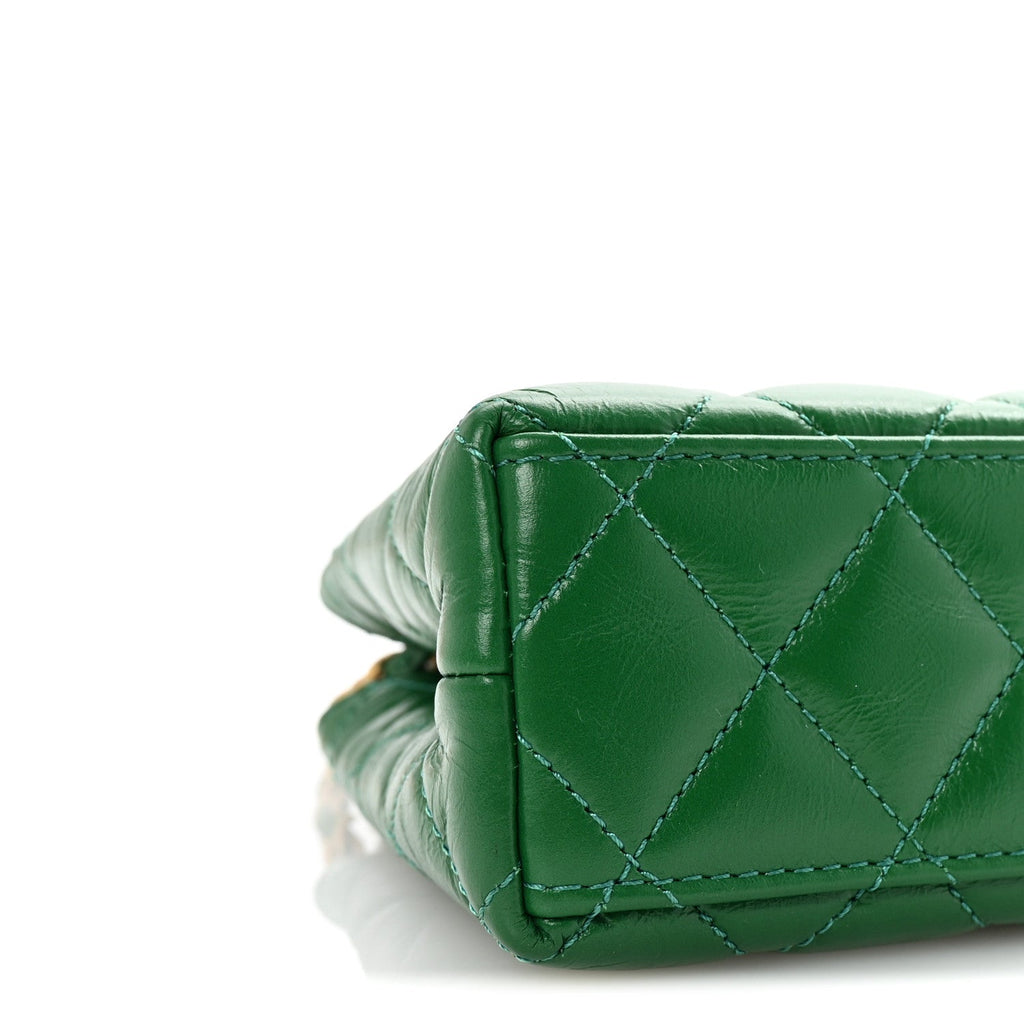 Shiny Aged Calfskin Quilted Nano Kelly Shopper Green