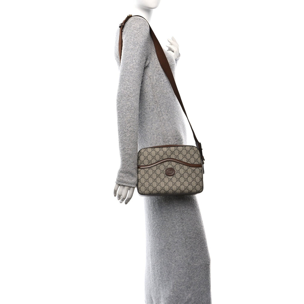 GG Supreme Monogram Azalea Calfskin Retro Interlocking G Messenger Shoulder Bag Beige Ebony Brown Sugar