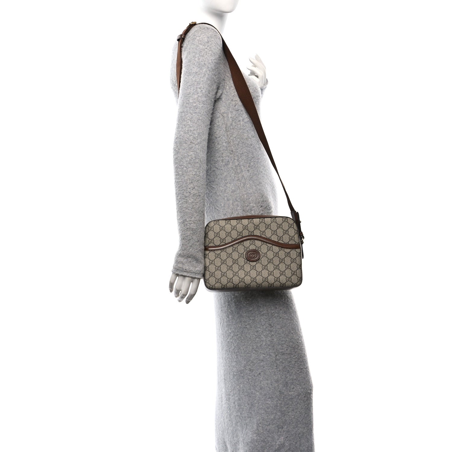 GG Supreme Monogram Azalea Calfskin Retro Interlocking G Messenger Shoulder Bag Beige Ebony Brown Sugar
