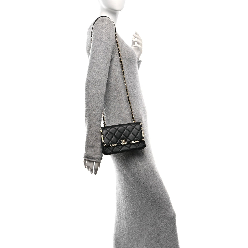 Lambskin Enamel Strass Quilted Mini Paris Monaco Flap Black