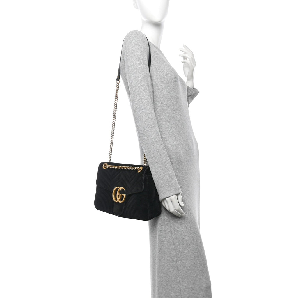 Velvet Matelasse Medium GG Marmont Shoulder Bag Black
