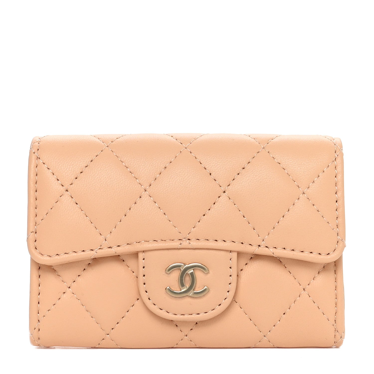 Lambskin Quilted Flap  Holder Wallet Beige