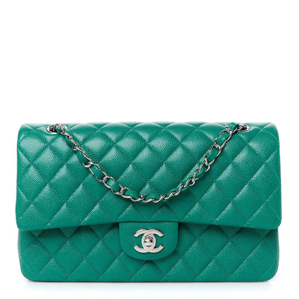 Caviar Quilted Medium Double Flap Green