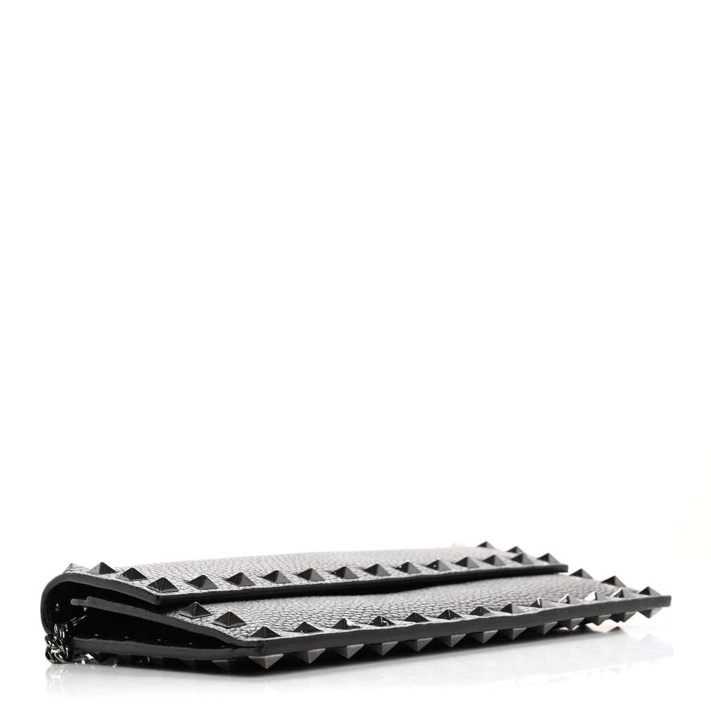 Grained Calfskin Rockstud Flap Wallet On Chain Black