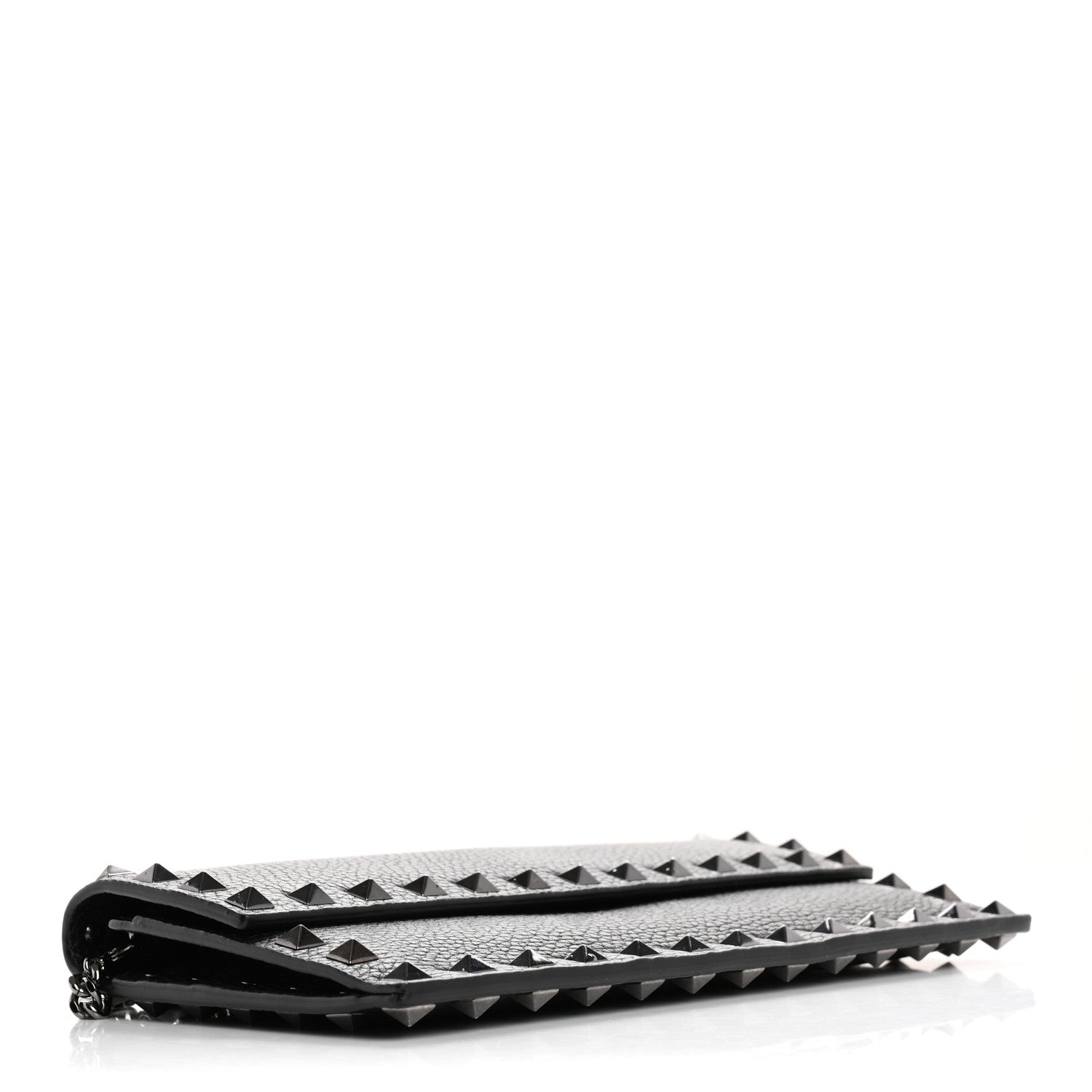 Grained Calfskin Rockstud Flap Wallet On Chain Black
