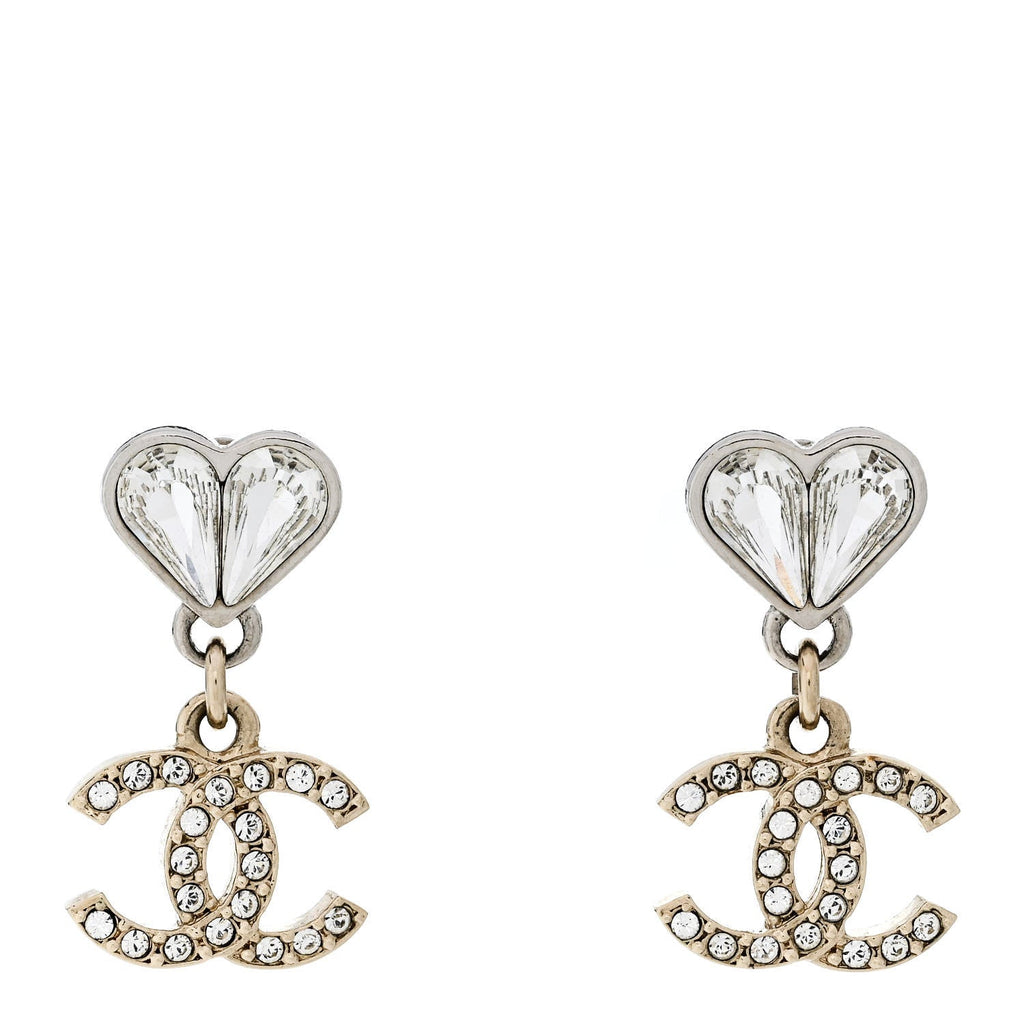 Crystal CC Heart Drop Earrings Gold Silver