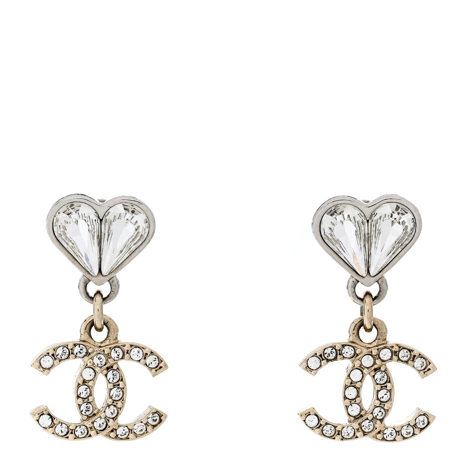 Crystal CC Heart Drop Earrings Gold Silver
