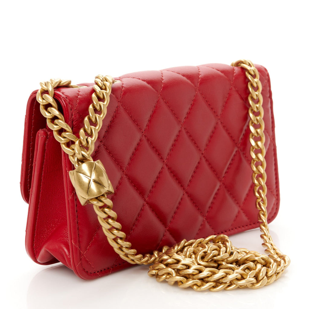 Lambskin Quilted Pillow Crush Flap Phone Holder With Chain Red