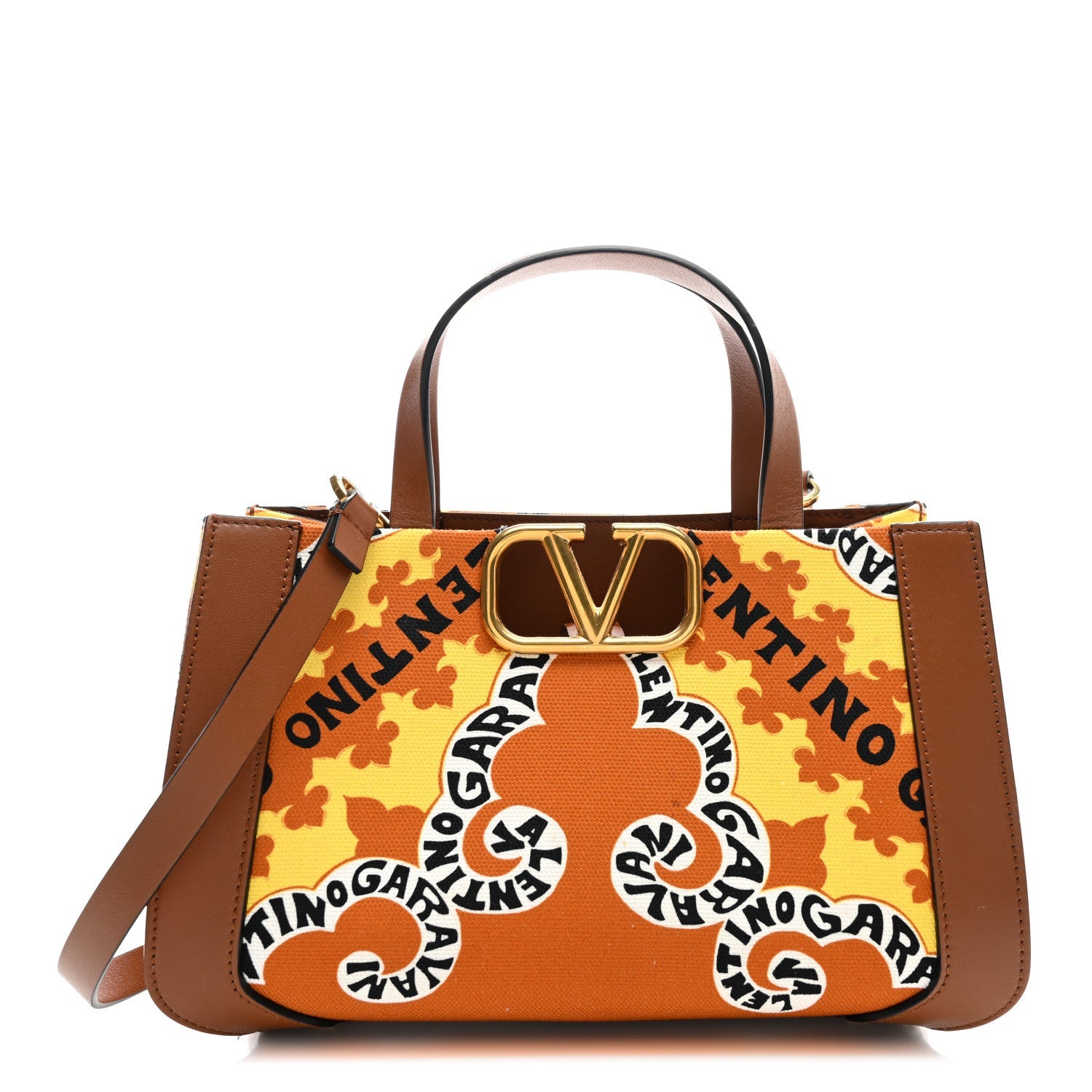 Canvas Calfskin Mini Bandana Print Small Vlogo Signature Tote Saddle Brown Multicolor