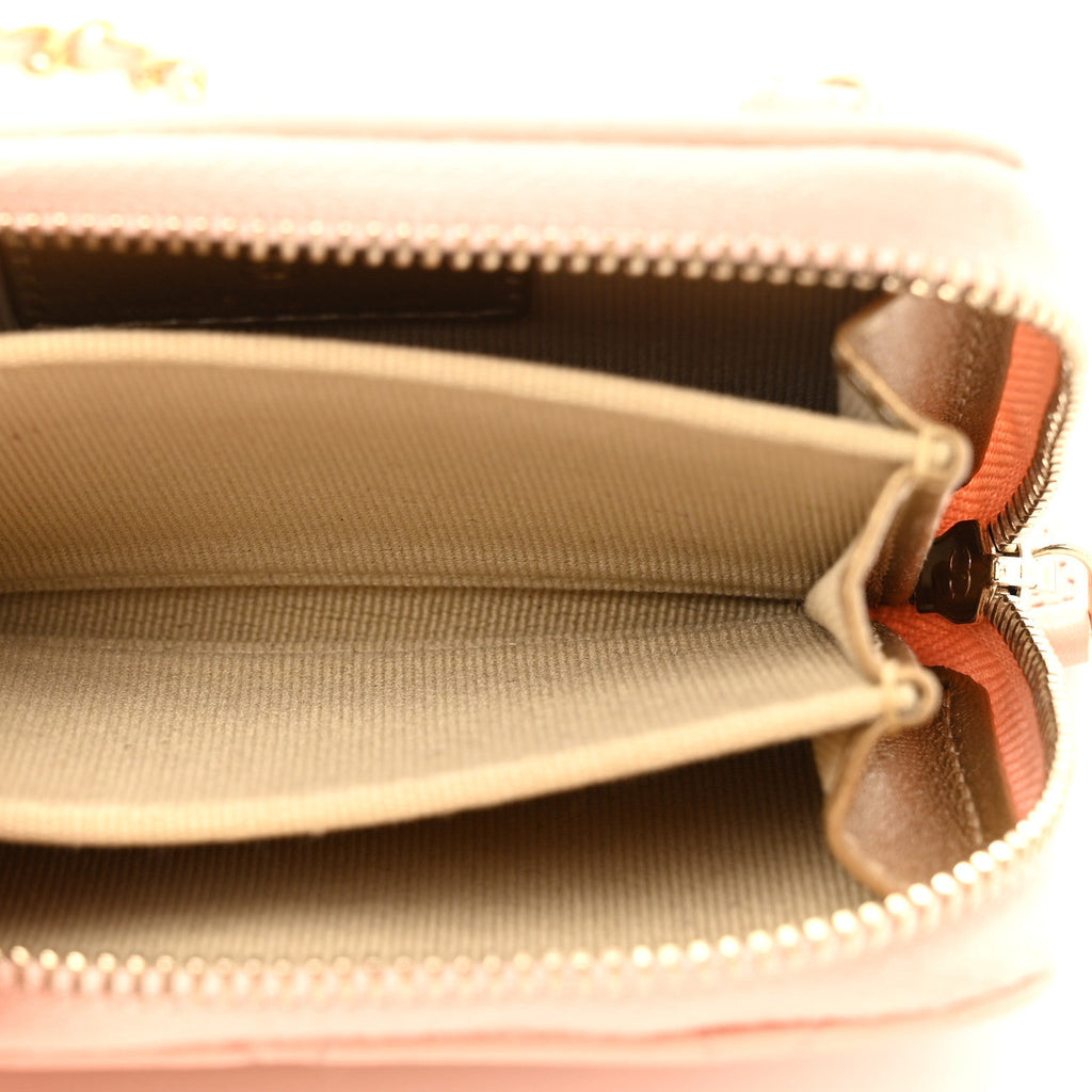 Lambskin Quilted CC Pearl Crush Zip  Holder On Chain Pink