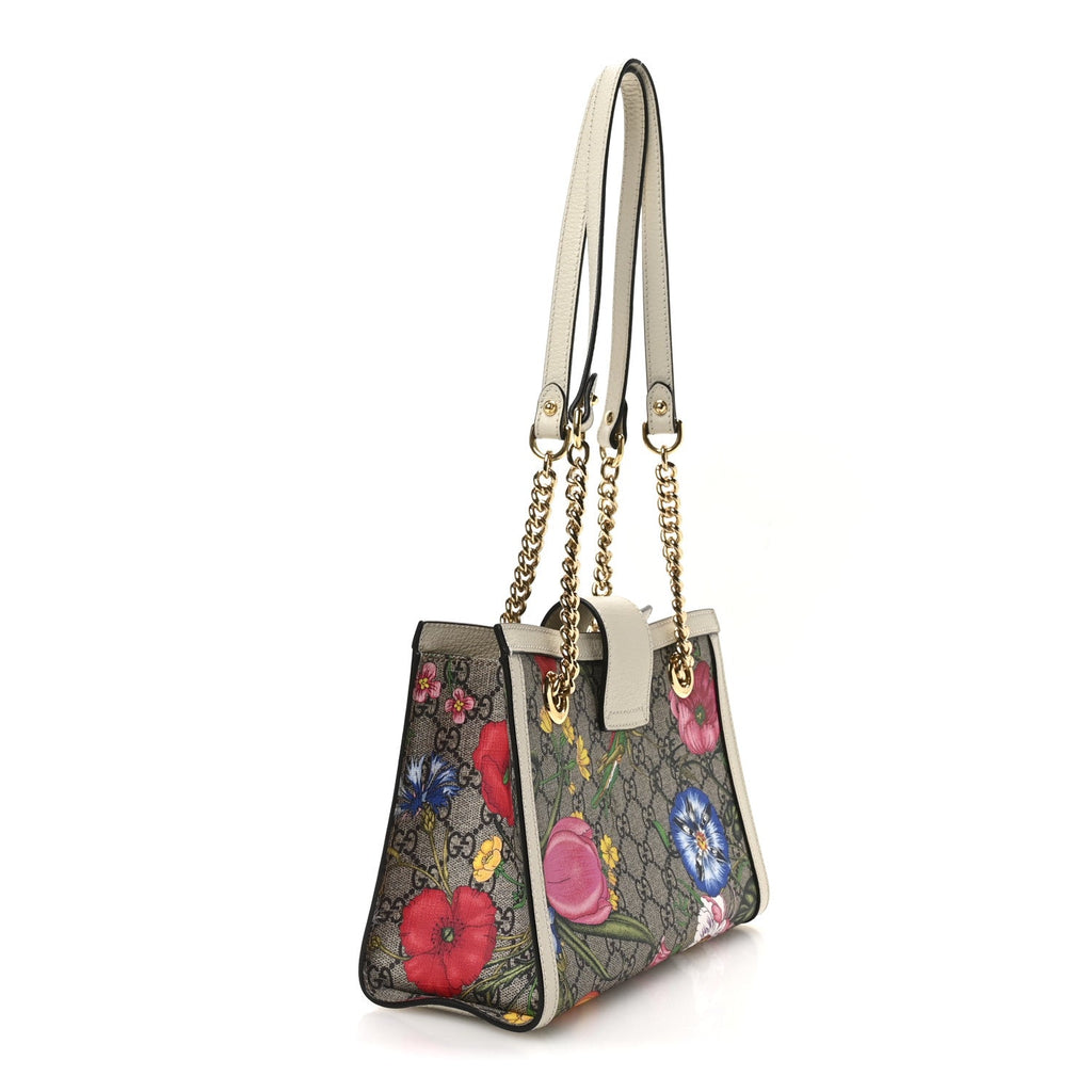 GG Supreme Monogram Flora Textured Calfskin Small Padlock Tote Beige Ebony Multicolor Mystic White