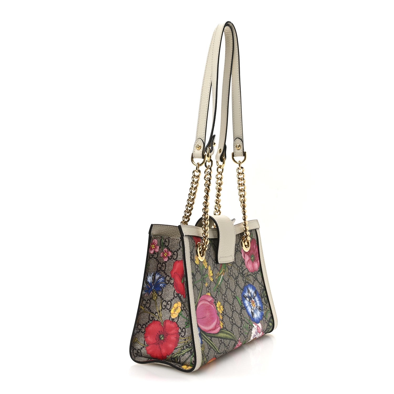 GG Supreme Monogram Flora Textured Calfskin Small Padlock Tote Beige Ebony Multicolor Mystic White