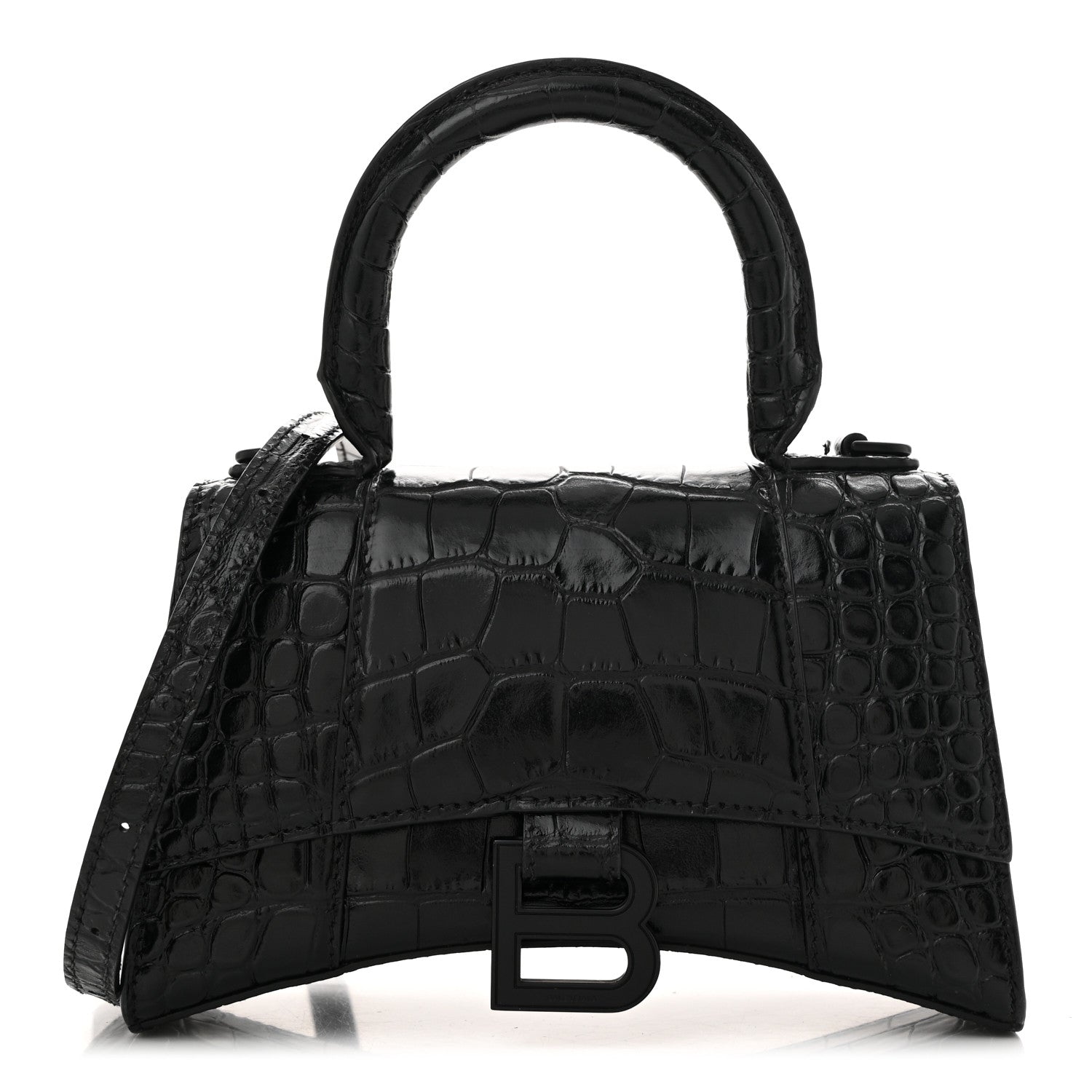 Shiny Calfskin Monochrome Crocodile Embossed Hourglass Top Handle Bag XS Black