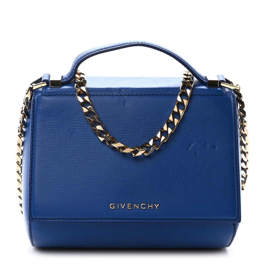 Textured Calfskin Mini Pandora Box Chain Crossbody Bag Blue