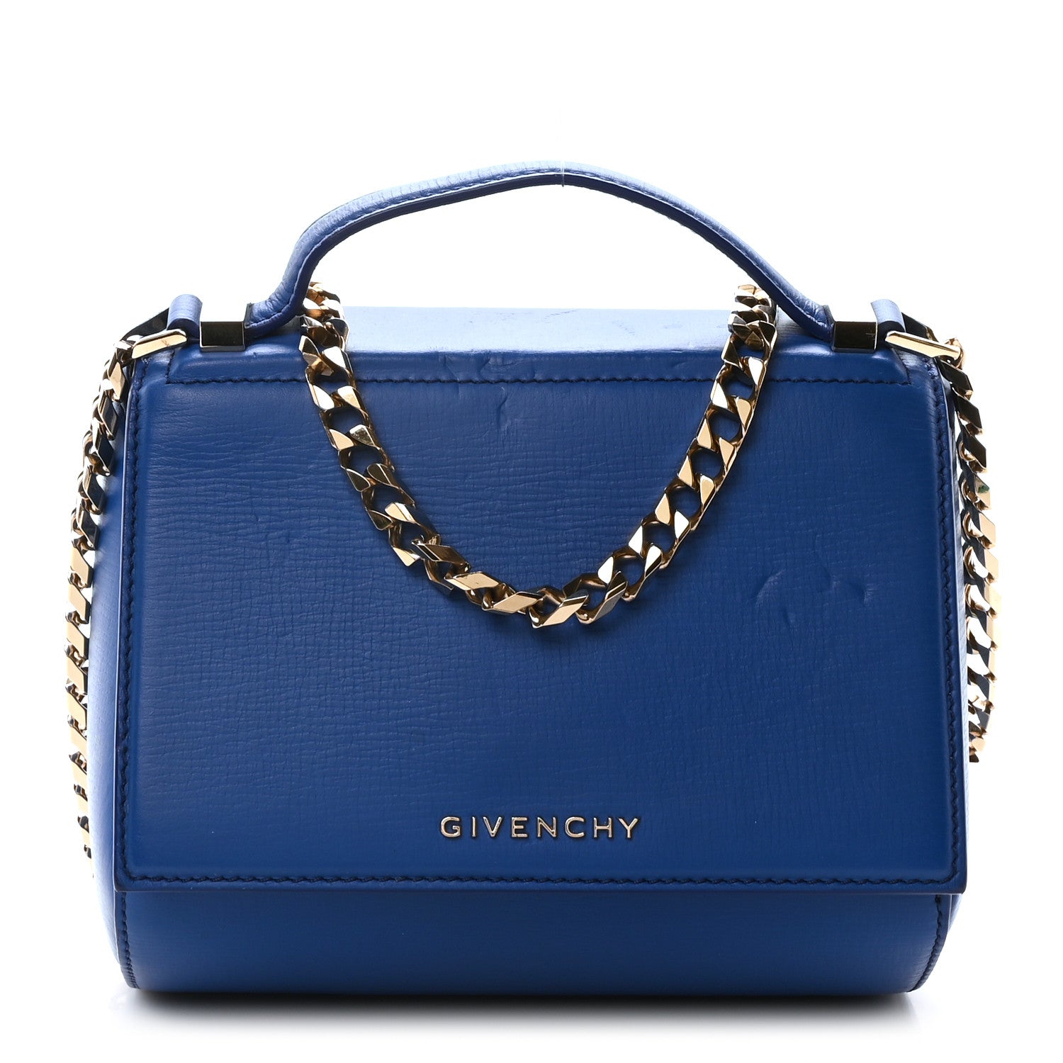 Textured Calfskin Mini Pandora Box Chain Crossbody Bag Blue