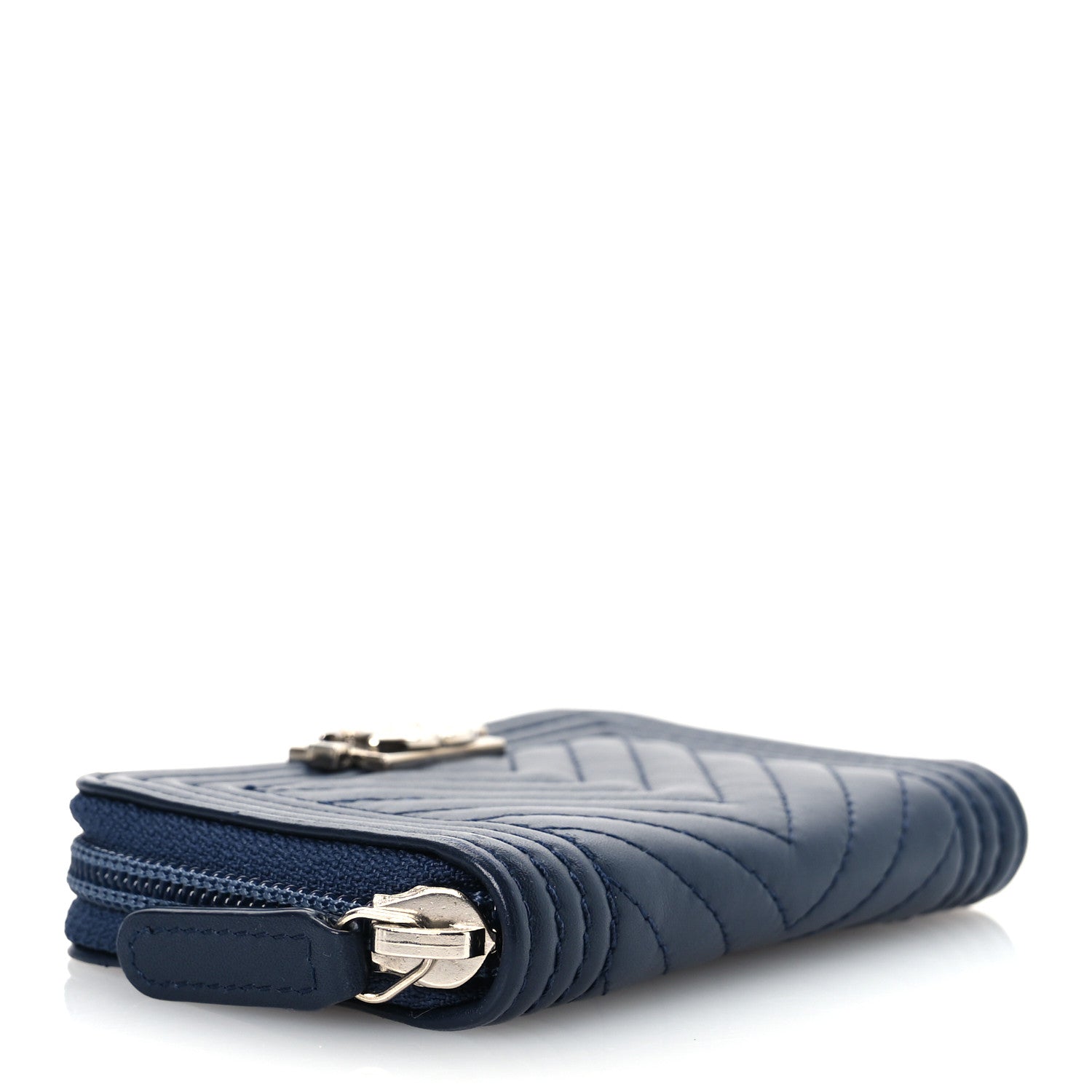 Calfskin Chevron Quilted Zip Around Boy Coin Purse Navy Blue