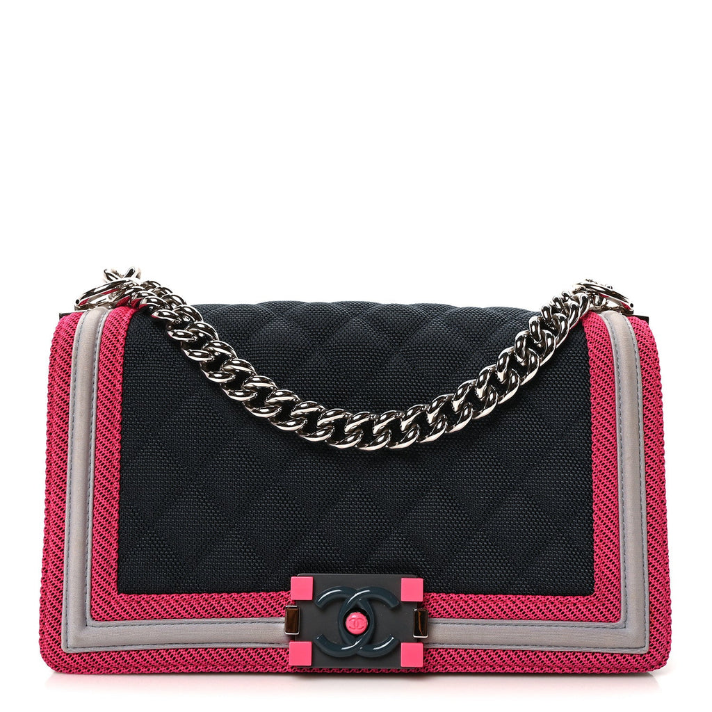 Canvas Quilted Medium Fluo Boy Flap Dark Navy Fuchsia Grey